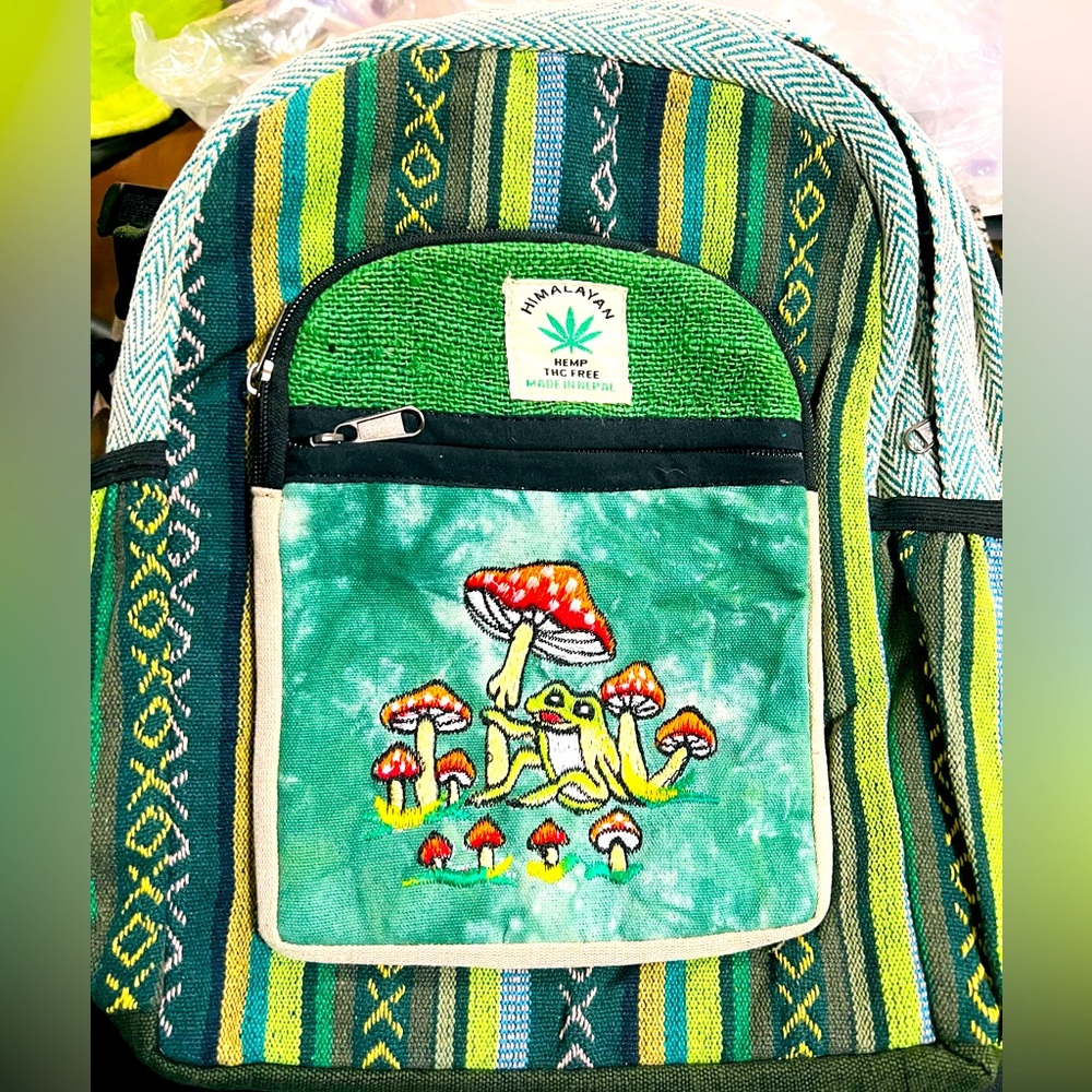 Himalayan Hemp Mushroom Print Frog Green Boho Medium Backpack 11”x 13” THC Fr…